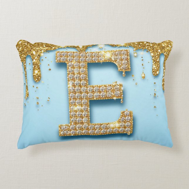 Luxury Diamond Letter E on Gold Glitter Background Prydnadskudde (Framsidan)