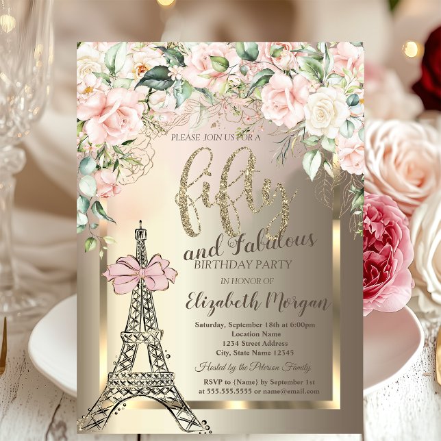 Luxury Diamonds Eiffel Tower,Pink Bow Roses 50th  Inbjudningar (Skapare uppladdad)
