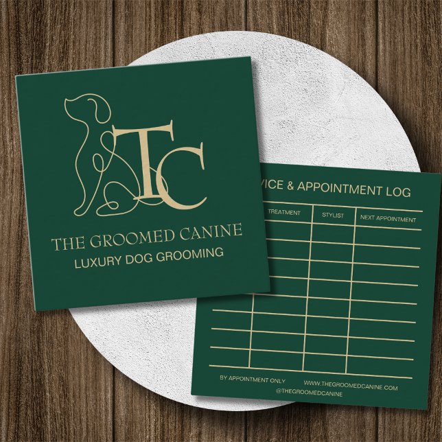 Luxury Dog Grooming Business Card Deep Emerald Fyrkantigt Visitkort (Emerald luxury dog grooming business card)