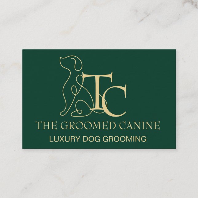 Luxury Dog Grooming Business Card Emerald and Gold Visitkort (Framsida)
