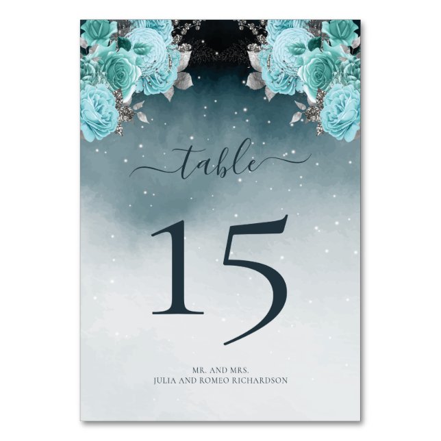 Luxury Dusty Blue Blommigt Bröllop Bordsnummer (Framsidan)