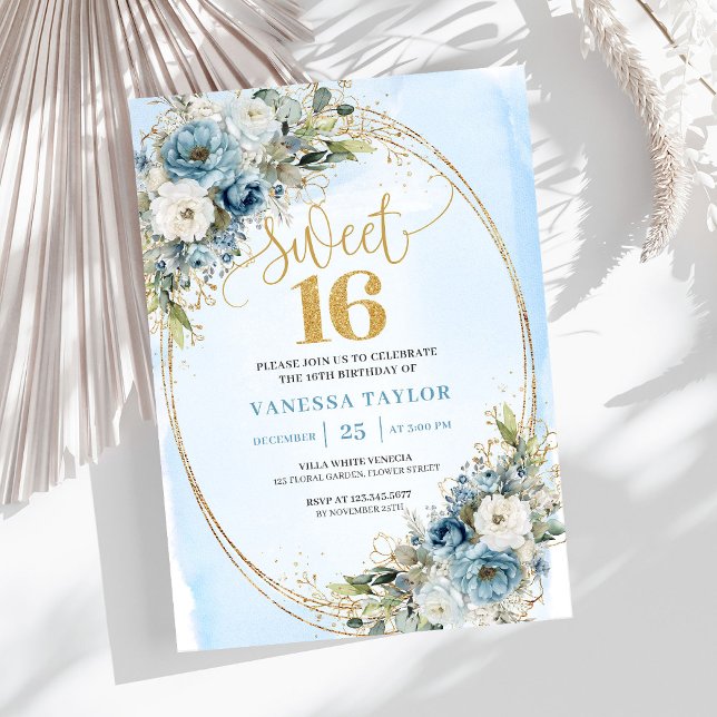 Luxury Dusty Blue Floral Sweet Sixteen Birthday  Inbjudningar (Luxury Dusty Blue Floral Sweet Sixteen Birthday Invite)