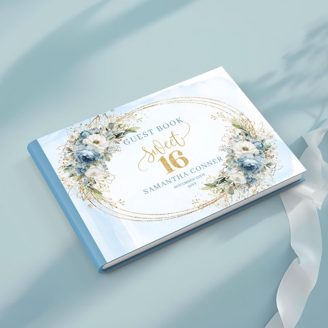 Luxury Dusty Blue Greenery Sweet Sixteen Guest   Gästböcker (Luxury Dusty Blue Greenery Sweet Sixteen Guest Book)