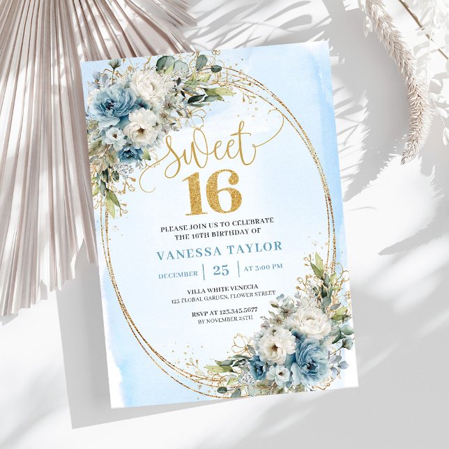 Luxury Dusty Blue Greenery Sweet Sixteen Invite Inbjudningar (Luxury Dusty Blue Greenery Sweet Sixteen Invite)