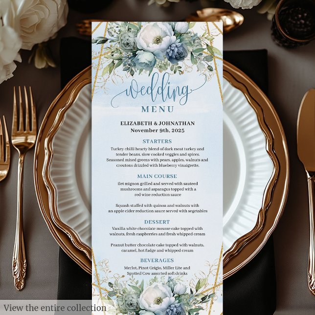Luxury Dusty Blue Guld Greenery Blommigt Bröllop Meny (Luxury Dusty Blue Gold Greenery Floral Wedding Menu)