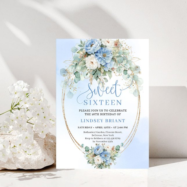 Luxury Dusty Blue Peonies Gold Sweet Sixteen Party Inbjudningar (Luxury Dusty Blue Peonies Sweet Sixteen Party Invite)