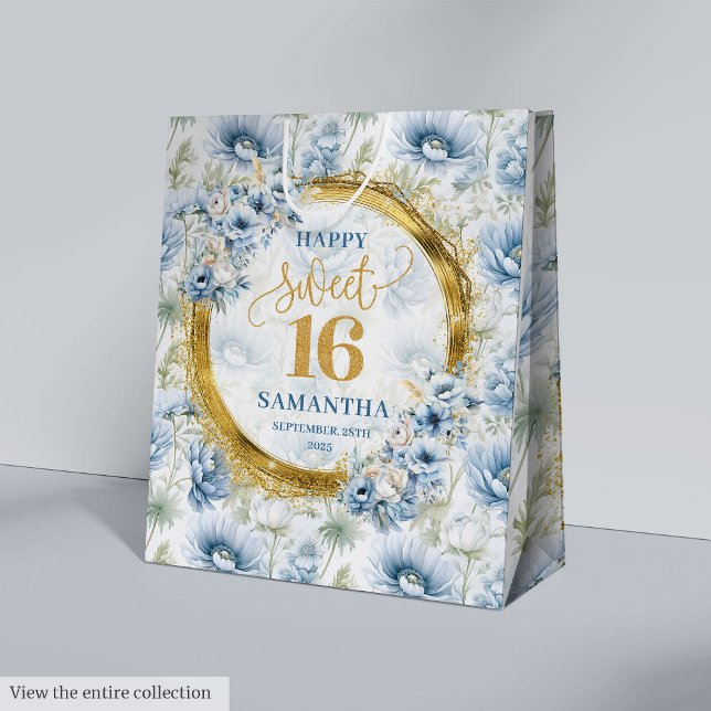 Luxury Dusty Blue Sweet 16 Guld Glitter Gift Bag (Luxury Dusty Blue Sweet 16 Gold Glitter Gift Bag)