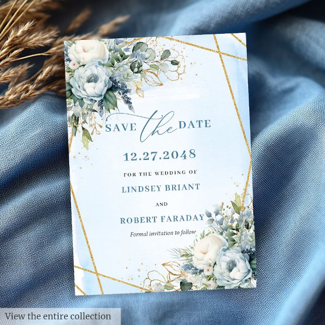 Luxury Dusty Blue White Guld Peonies sparar datume Inbjudningar (Luxurious Pastel Blue White Gold Flowers Save The Date)