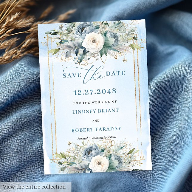Luxury Dusty Blue White Guld Peonies sparar datume Inbjudningar (Luxury Dusty Blue White Gold Peonies Save The Date)