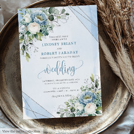 Luxury Dusty Blue White Silver Flowers Bröllop Inbjudningar