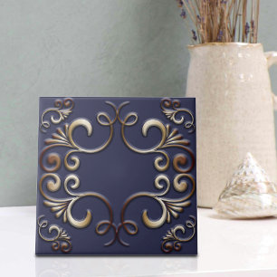 Luxury Elegant Baroque Guld Ornaments on Deep Blue Kakelplatta