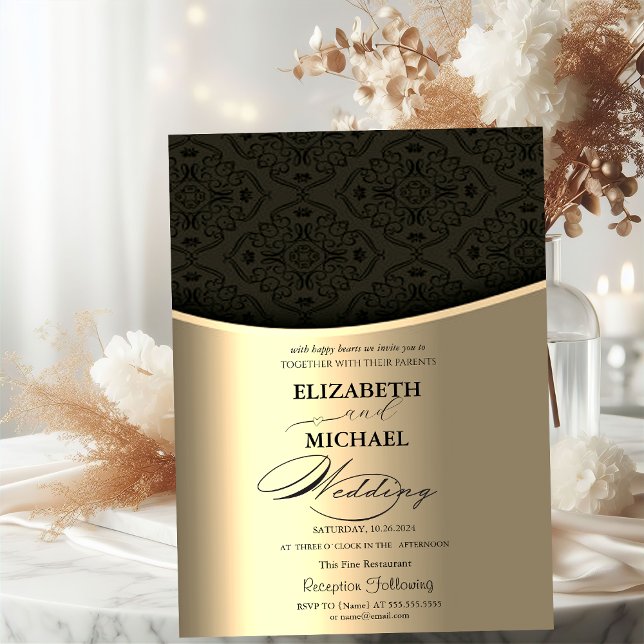 Luxury Elegant Black Damask Guld Bröllop Inbjudningar (Skapare uppladdad)