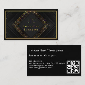Luxury elegant black leather gold monogram qr code visitkort