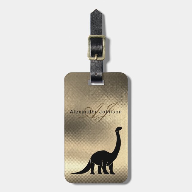 Luxury Elegant Black och Guld Dinosaur Monogram Bagagebricka (Vertikal Framsida)