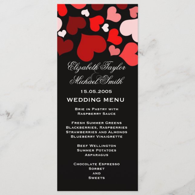 Luxury Elegant Black/Red Hearts Bröllop Menu Meny (Framsida)
