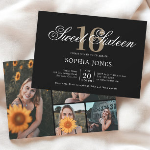 Luxury Elegant Black Sweet 16 Photo Inbjudningar