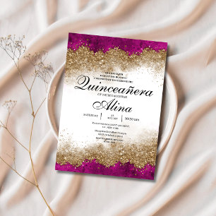 Luxury Elegant Fuchsia Shock rosa & Guld Quinceañe Inbjudningar
