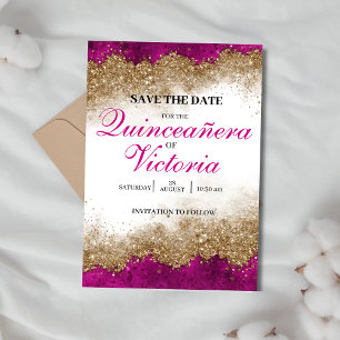 Luxury Elegant Fuchsia Shock rosa & Guld Quinceañe Spara Datumet