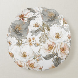 Luxury, Elegant, Gold Grey Flowers Pattern Rund Kudde