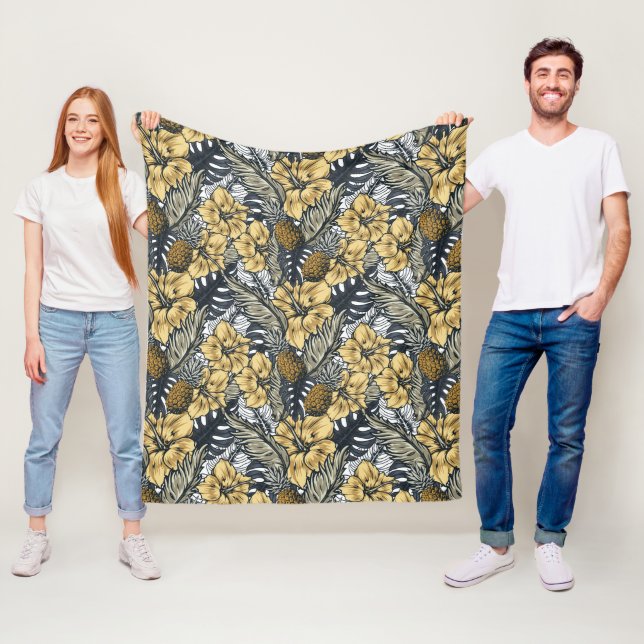 Luxury Elegant Guld N' Black Tropical Flowers Fleecefilt (På plats)
