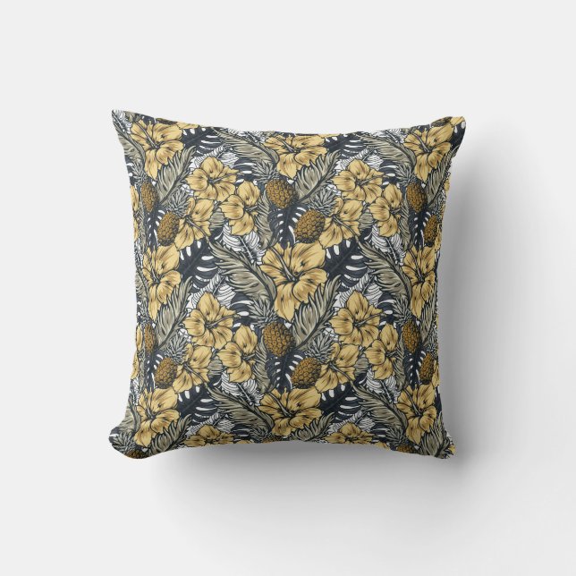 Luxury Elegant Guld N' Black Tropical Flowers Kudde (Framsida)