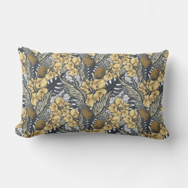 Luxury Elegant Guld N' Black Tropical Flowers Lumbarkudde (Framsida)