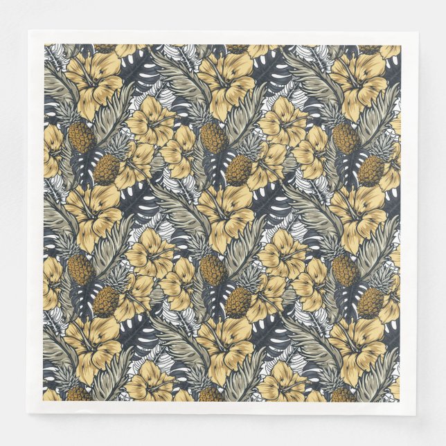 Luxury Elegant Guld N' Black Tropical Flowers Pappersservett (Framsida)