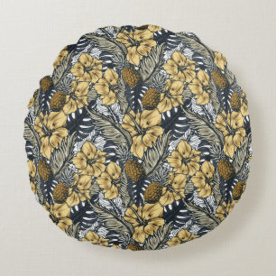 Luxury Elegant Guld N' Black Tropical Flowers Rund Kudde