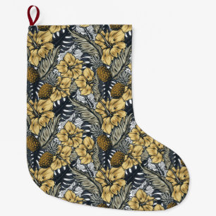 Luxury Elegant Guld N' Black Tropical Flowers Stor Julstrumpa