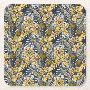 Luxury Elegant Guld N' Black Tropical Flowers Underlägg Papper Kvadrat