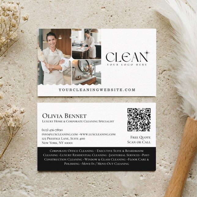Luxury Elegant Maid House Cleaning Photo QR Code Visitkort (Luxury Elegant Maid House Cleaning Photo QR Code Business Card)
