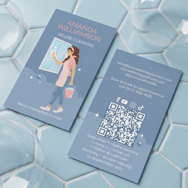 Luxury Elegant Maid House Cleaning Photo QR Code Visitkort (Luxury Elegant Maid House Cleaning Photo QR Code Business Card)