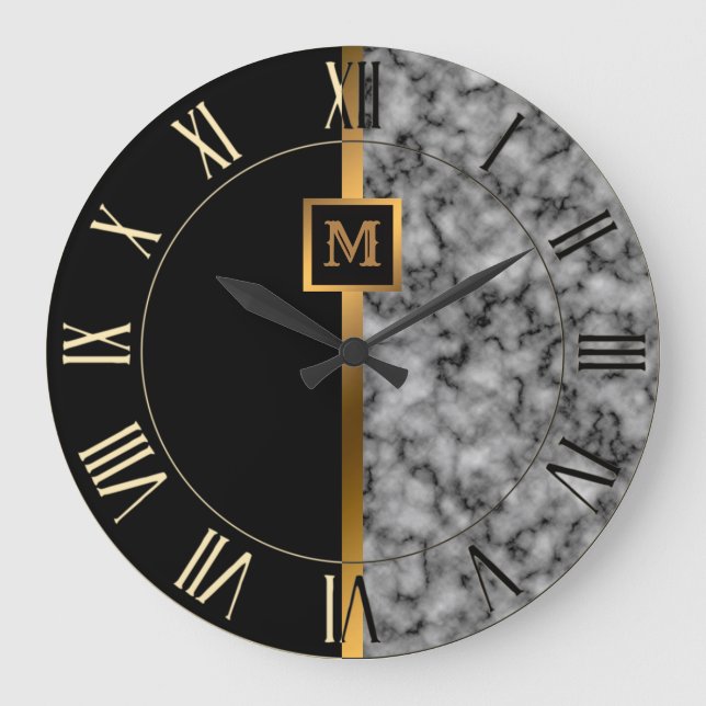 Luxury Elegant Modern Black Guld Marble Stor Klocka (Framsida)