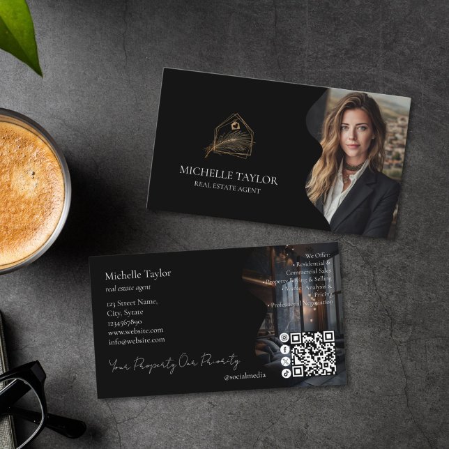 Luxury Elegant Real Estate Realtor Photo Gold Visitkort (luxury gold and black real estate agent business card with your photo and business card)