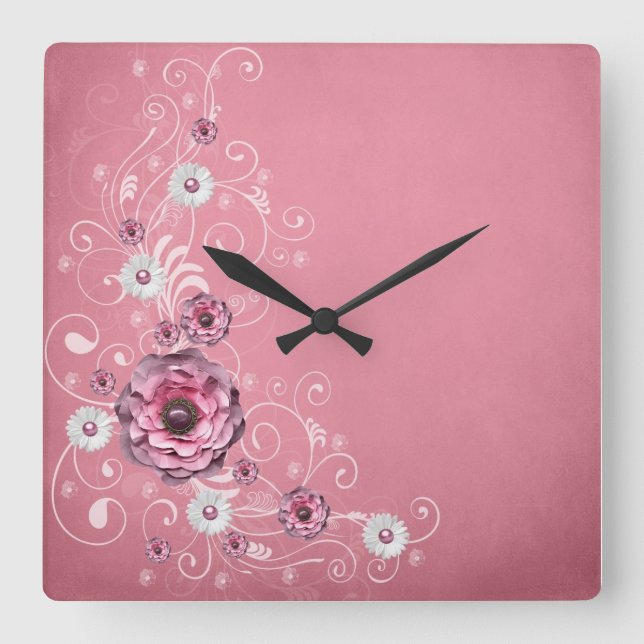 Luxury Elegant Rosa Dream Blommigt Clock Fyrkantig Klocka (Framsida)