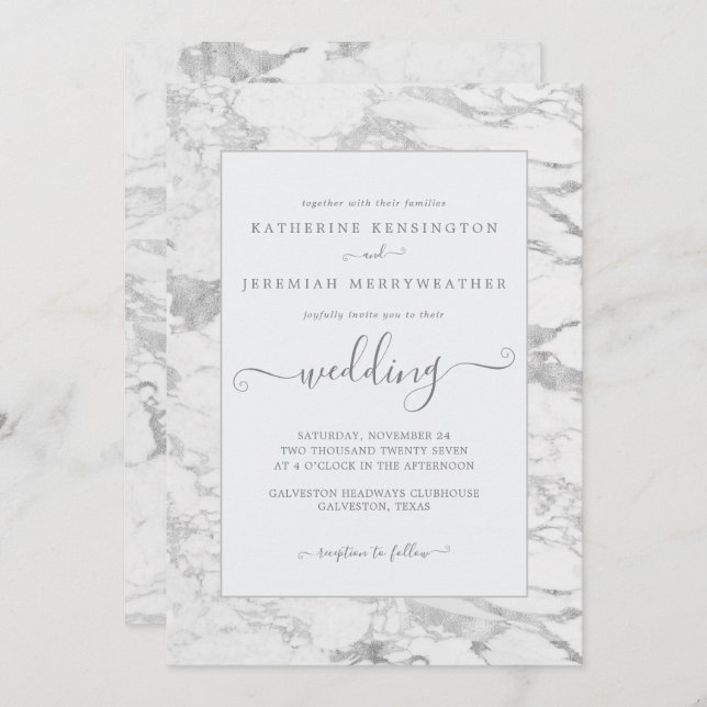 Luxury Elegant Silver Foil Marble Bröllop Inbjudningar (Fram/baksida)