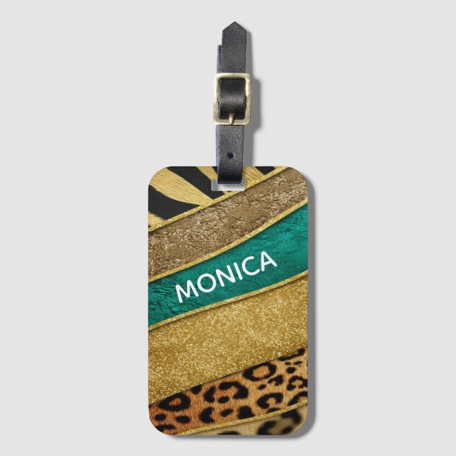 Luxury Emerald & Gold Safari Leopard Zebra Glitter Bagagebricka (Framsida vertikal)