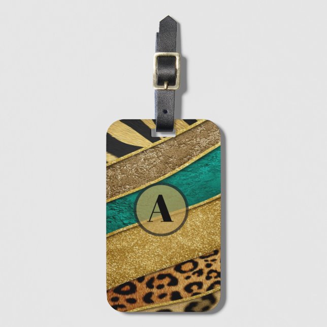 Luxury Emerald & Gold Safari Leopard Zebra Glitter Bagagebricka (Framsida vertikal)