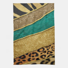 Luxury Emerald & Gold Safari Leopard Zebra Glitter Kökshandduk