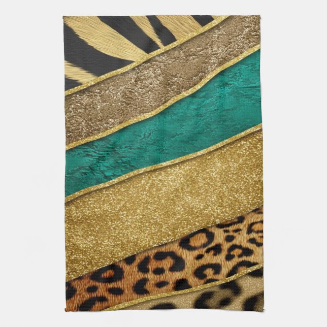 Luxury Emerald & Gold Safari Leopard Zebra Glitter Kökshandduk (Vertikal)
