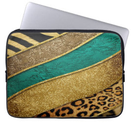 Luxury Emerald & Gold Safari Leopard Zebra Glitter Laptop Fodral