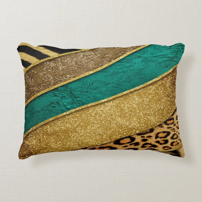 Luxury Emerald & Gold Safari Leopard Zebra Glitter Prydnadskudde (Framsidan)
