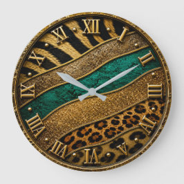 Luxury Emerald & Gold Safari Leopard Zebra Glitter Stor Klocka
