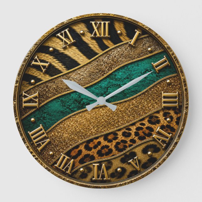 Luxury Emerald & Gold Safari Leopard Zebra Glitter Stor Klocka (Framsida)