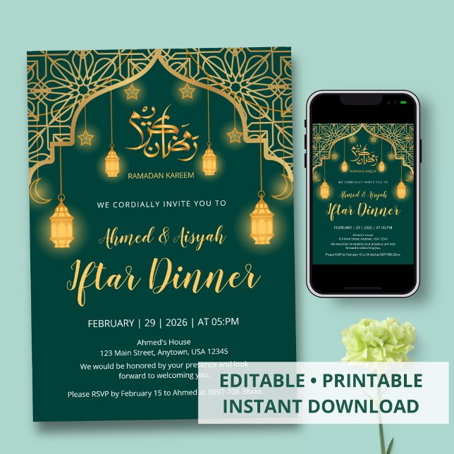 Luxury Emerald Green and Gold Geometric Iftar Inbjudningar (Skapare uppladdad)