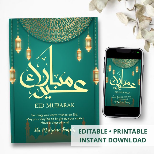 Luxury Emerald Green and Gold Mandala Eid Card Julkort (Skapare uppladdad)