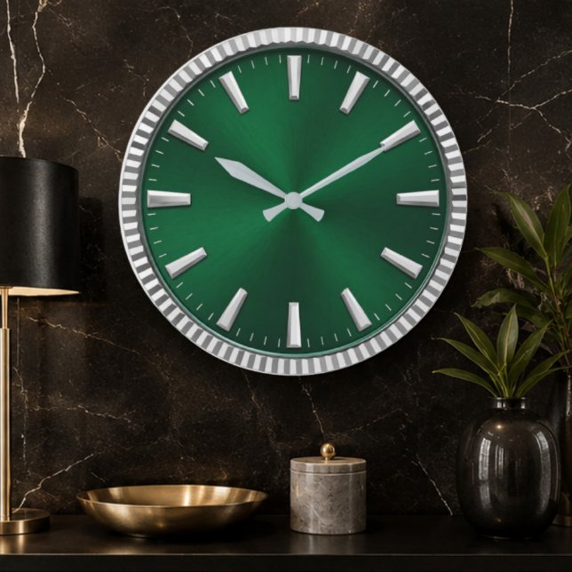 Luxury Emerald Green & Silver Modern Minimalist  Stor Klocka (Skapare uppladdad)