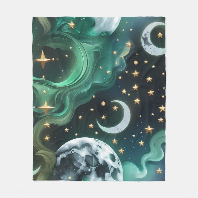 Luxury Emerald Moon Motifs Blanket – Ethereal Jade Fleecefilt (Framsidan)