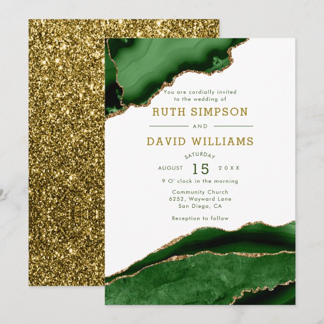 Luxury Emerald och Guld Glitter Agate Bröllop Inbjudningar (Fram/baksida)