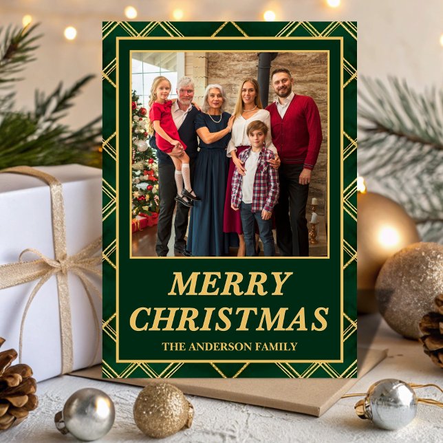 Luxury Emerald Tartan Plaid Family Photo Christmas Julkort (Skapare uppladdad)
